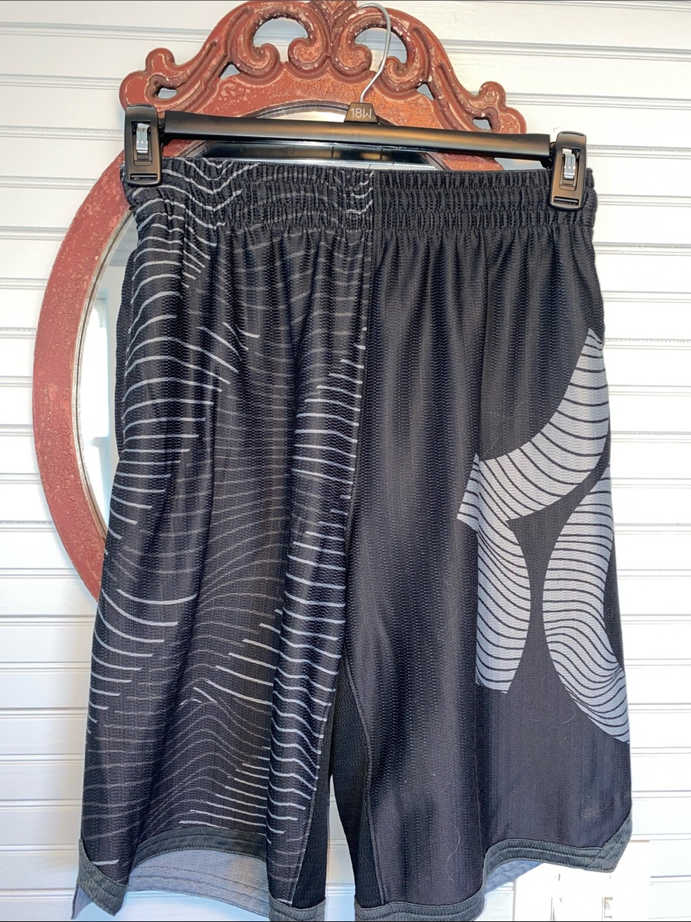 Men's Black Athletic Mesh Shorts with Gray Wave Print